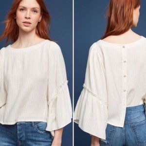 ANTHROPOLOGIE - Floreat Bell Sleeve Top - White with Gold  Pinstripes